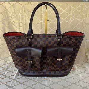 Unique Louis Vuitton Damier Checkered Brown Tote Bag with Pockets